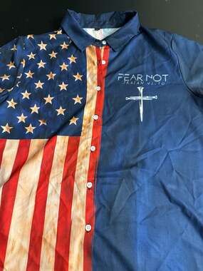 Unbranded Fear Not American Flag Cross Polo Shirt Blue Red